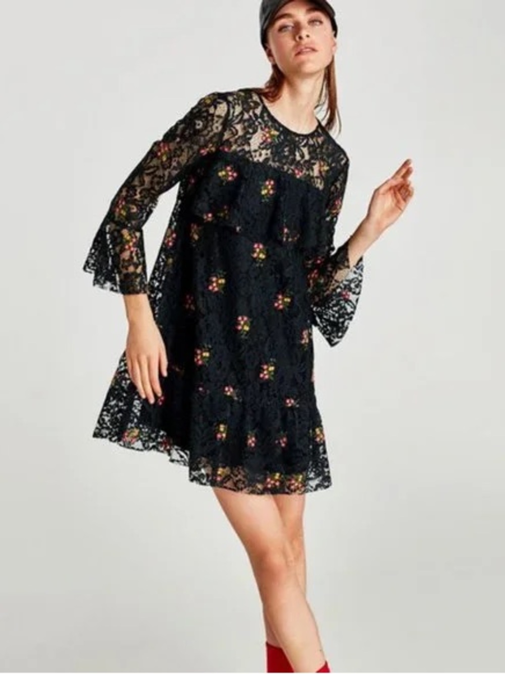 Zara Black Lace Mini Dress with Multicolor Floral Embroidery